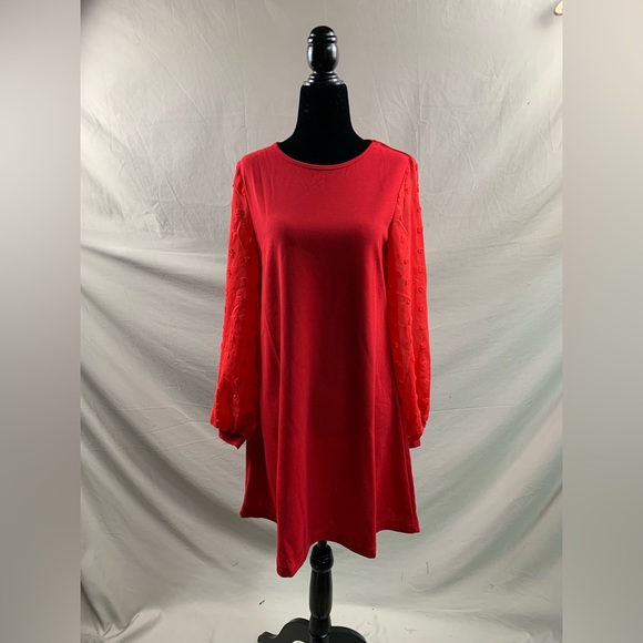 Red Swiss Dot Sheer Sleeve Dress - Picture 6 of 9